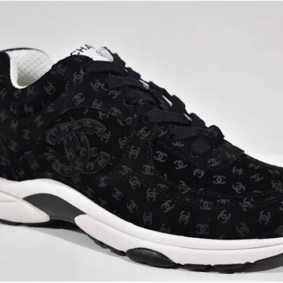 Chanel Black & White Suede Printed Logo Sneaker - Picture 1 of 5